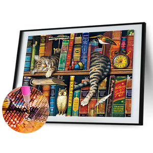 Cat On The Bookshelf 40*30CM(Canvas) Full Round Drill Diamond Painting