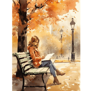 Girl Reading A Book Under The Autumn Tree 30*40CM(Canvas) Full Round Drill Diamond Painting