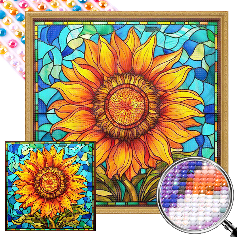 Sunflower Glass Painting 40*40CM(Picture) Full AB Round Drill Diamond Painting