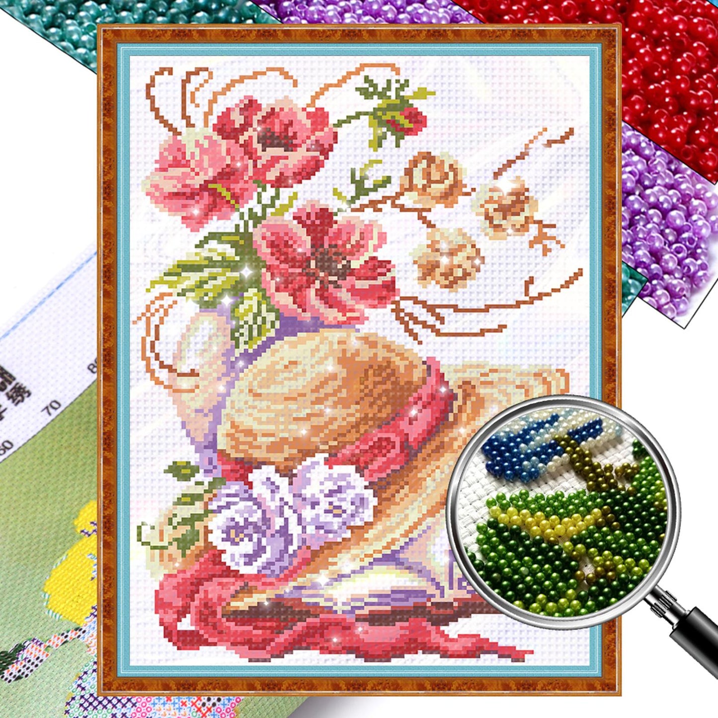 Poppy Hat - Partial  9CT Stamped Cross Stitch - Bead Embroidery 29x43CM/11.42x16.93in