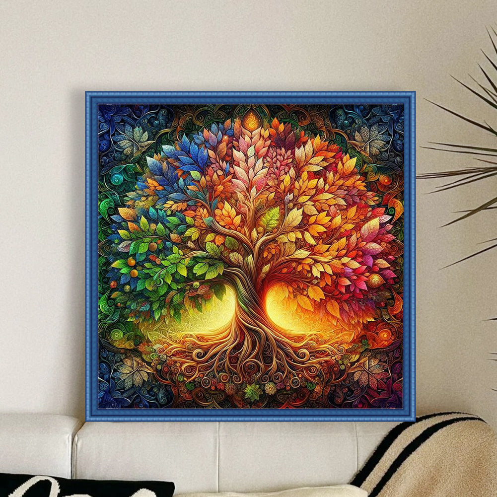 Colorful Tree Of Life - Full 14CT Stamped Cross Stitch 40x40CM - Huacan