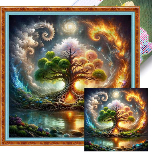 Colorful Tree Of Life - Full 14CT Stamped Cross Stitch 40x40CM - Huacan