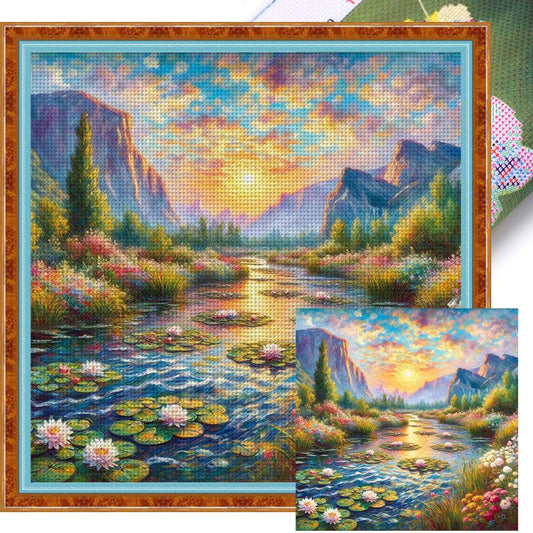 Lotus Pond At Sunset - Full 11CT Stamped Cross Stitch 50x50CM - Yishu