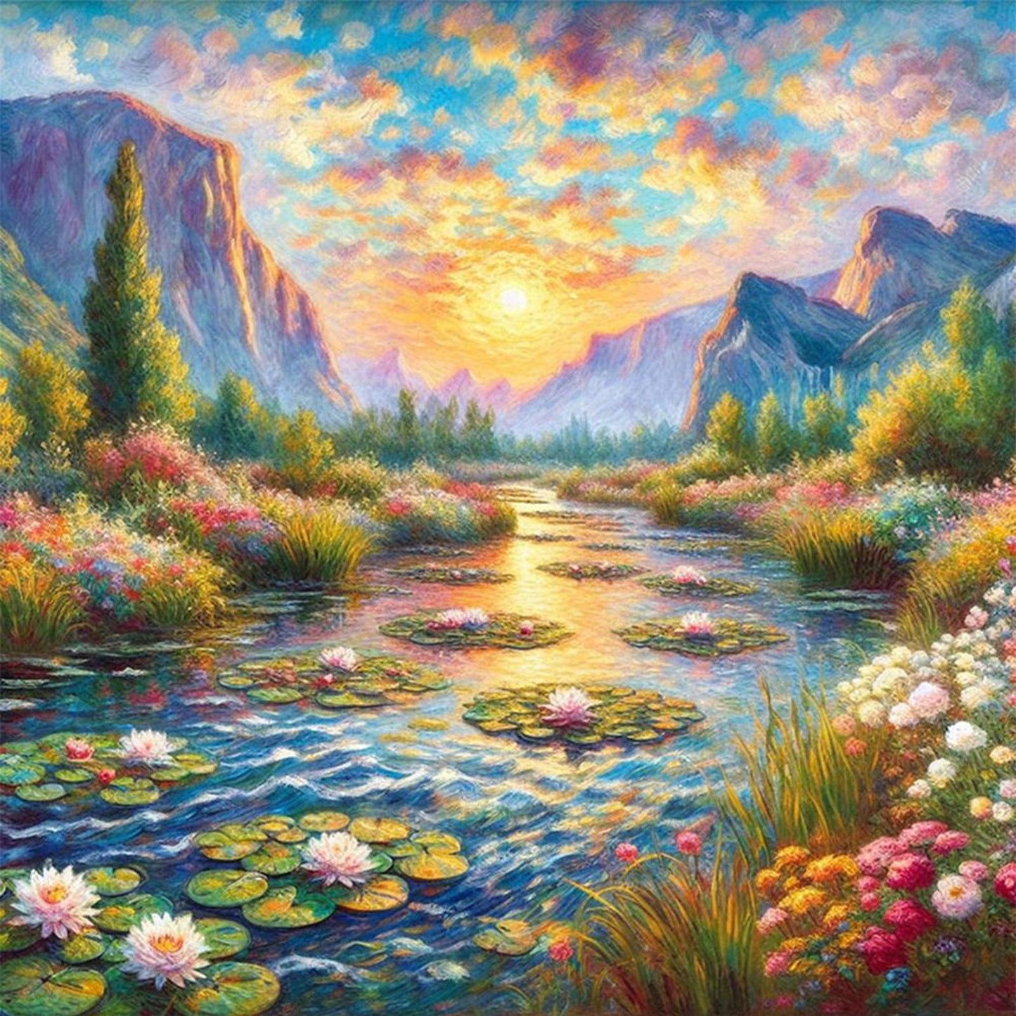 Lotus Pond At Sunset - Full 11CT Stamped Cross Stitch 50x50CM - Yishu