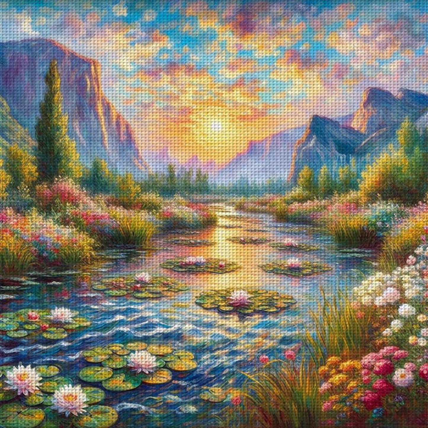 Lotus Pond At Sunset - Full 11CT Stamped Cross Stitch 50x50CM - Yishu