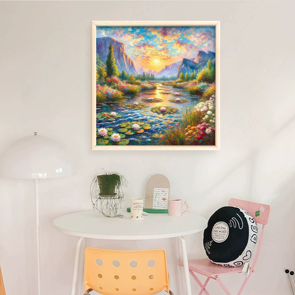 Lotus Pond At Sunset - Full 11CT Stamped Cross Stitch 50x50CM - Yishu