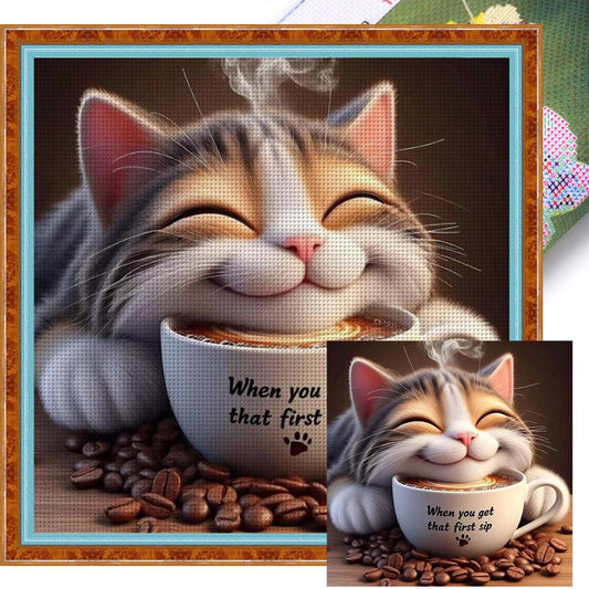 Winter Cat With Coffee - Full 11CT Stamped Cross Stitch 50x50CM - Yishu