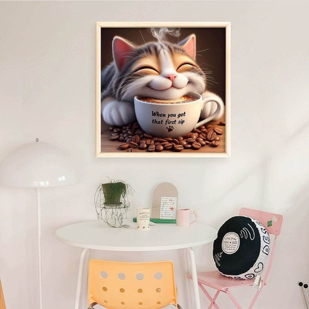 Winter Cat With Coffee - Full 11CT Stamped Cross Stitch 50x50CM - Yishu