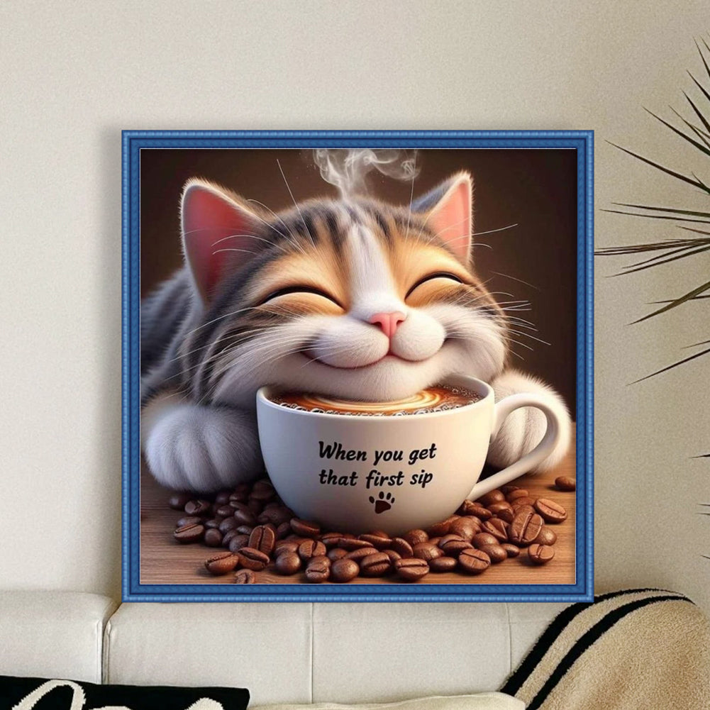 Winter Cat With Coffee - Full 11CT Stamped Cross Stitch 50x50CM - Yishu