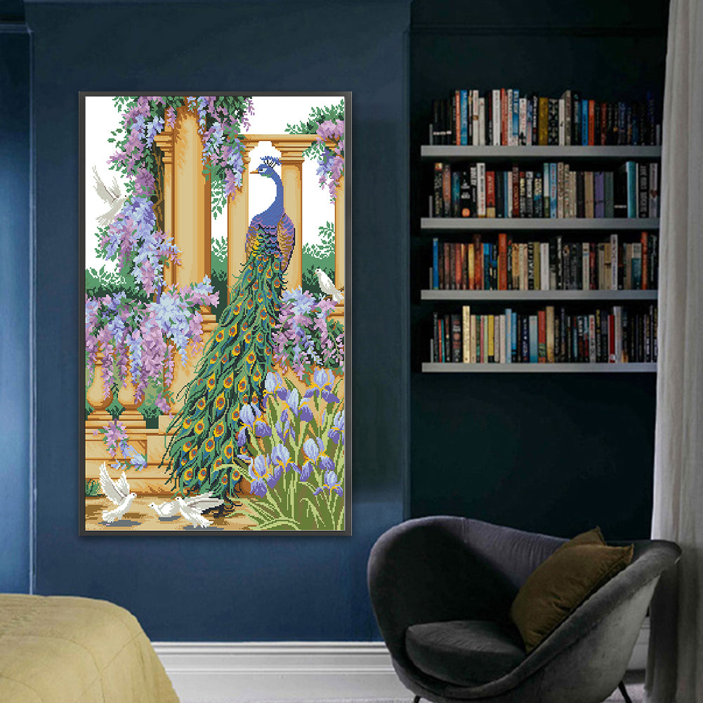 Peacock - Partial  9CT Stamped Cross Stitch - Bead Embroidery 63x90CM/24.80x35.43in