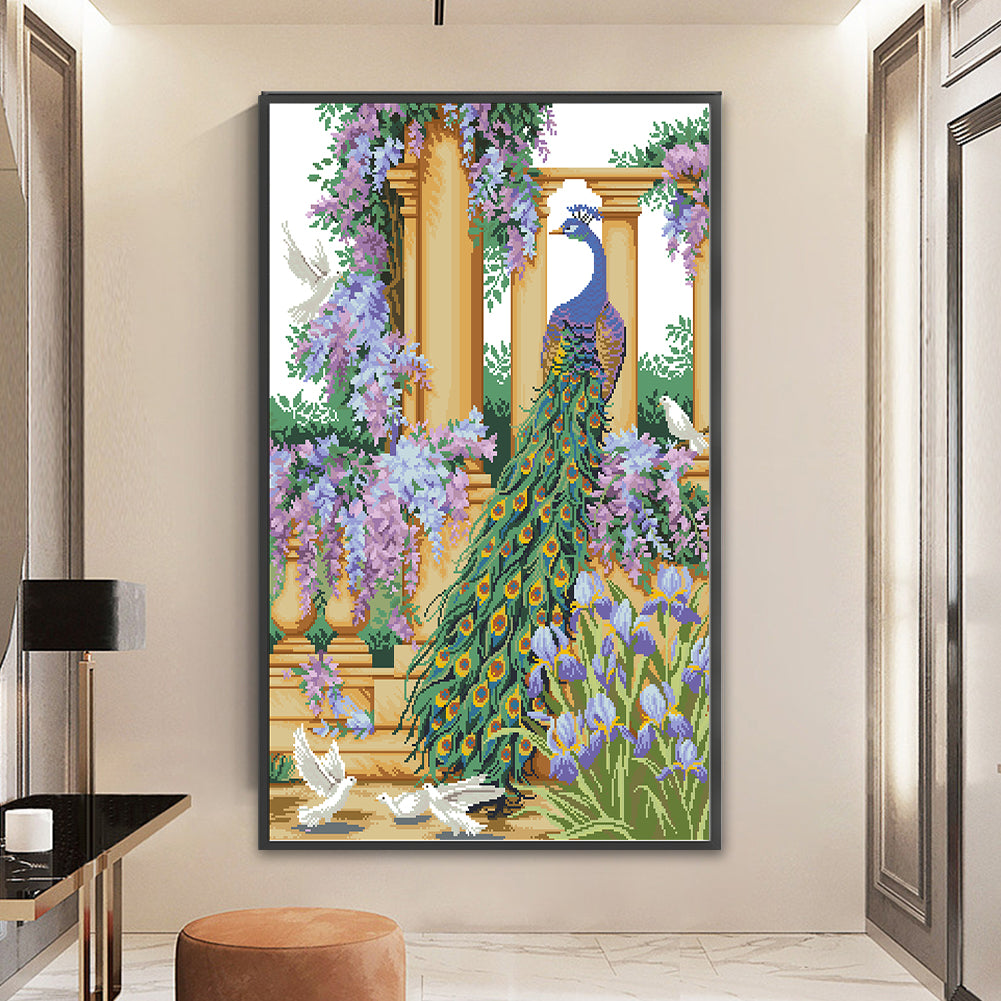Peacock - Partial  9CT Stamped Cross Stitch - Bead Embroidery 63x90CM/24.80x35.43in