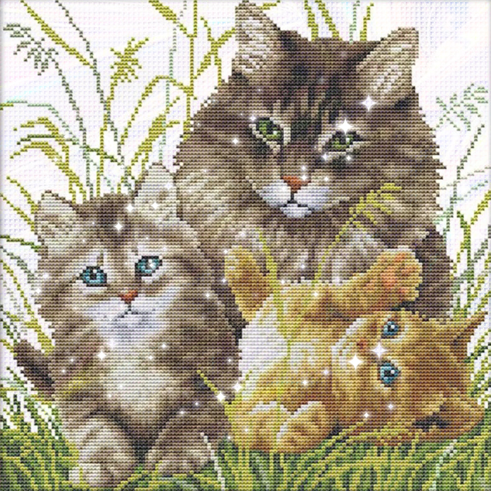 Kitten Family - Partial  9CT Stamped Cross Stitch - Bead Embroidery 41x40CM/16.14x15.75in