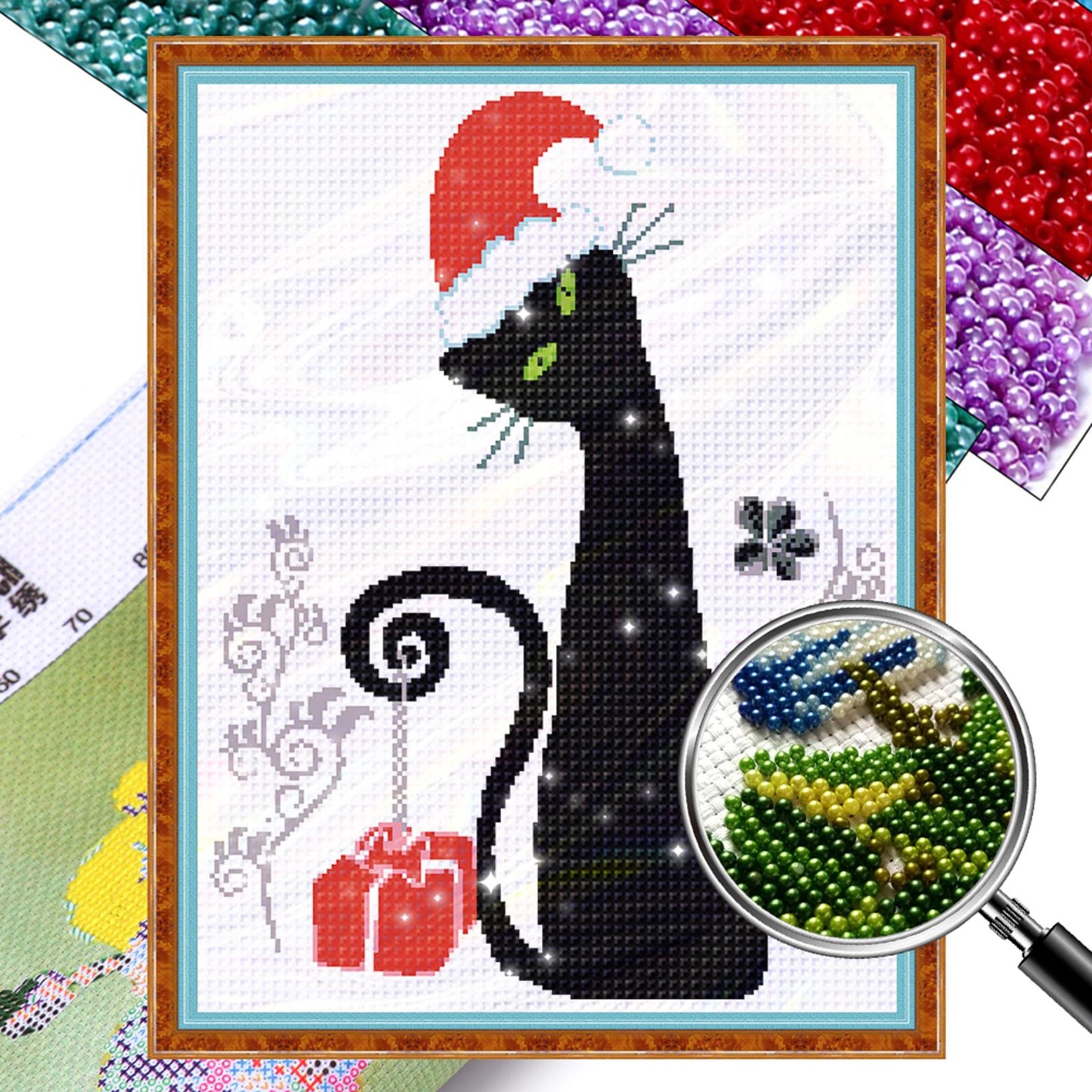 Christmas Kitten - Partial  9CT Stamped Cross Stitch - Bead Embroidery 42x56CM/16.54x22.05in