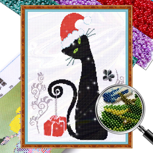 Christmas Kitten - Partial  9CT Stamped Cross Stitch - Bead Embroidery 42x56CM/16.54x22.05in