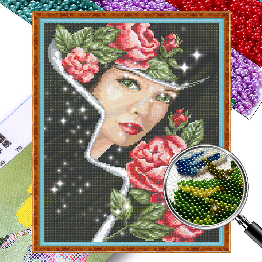 Rose Lady - Full  9CT Stamped Cross Stitch - Bead Embroidery 38x49CM/14.96x19.29in
