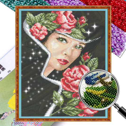 Rose Lady - Full  9CT Stamped Cross Stitch - Bead Embroidery 38x49CM/14.96x19.29in