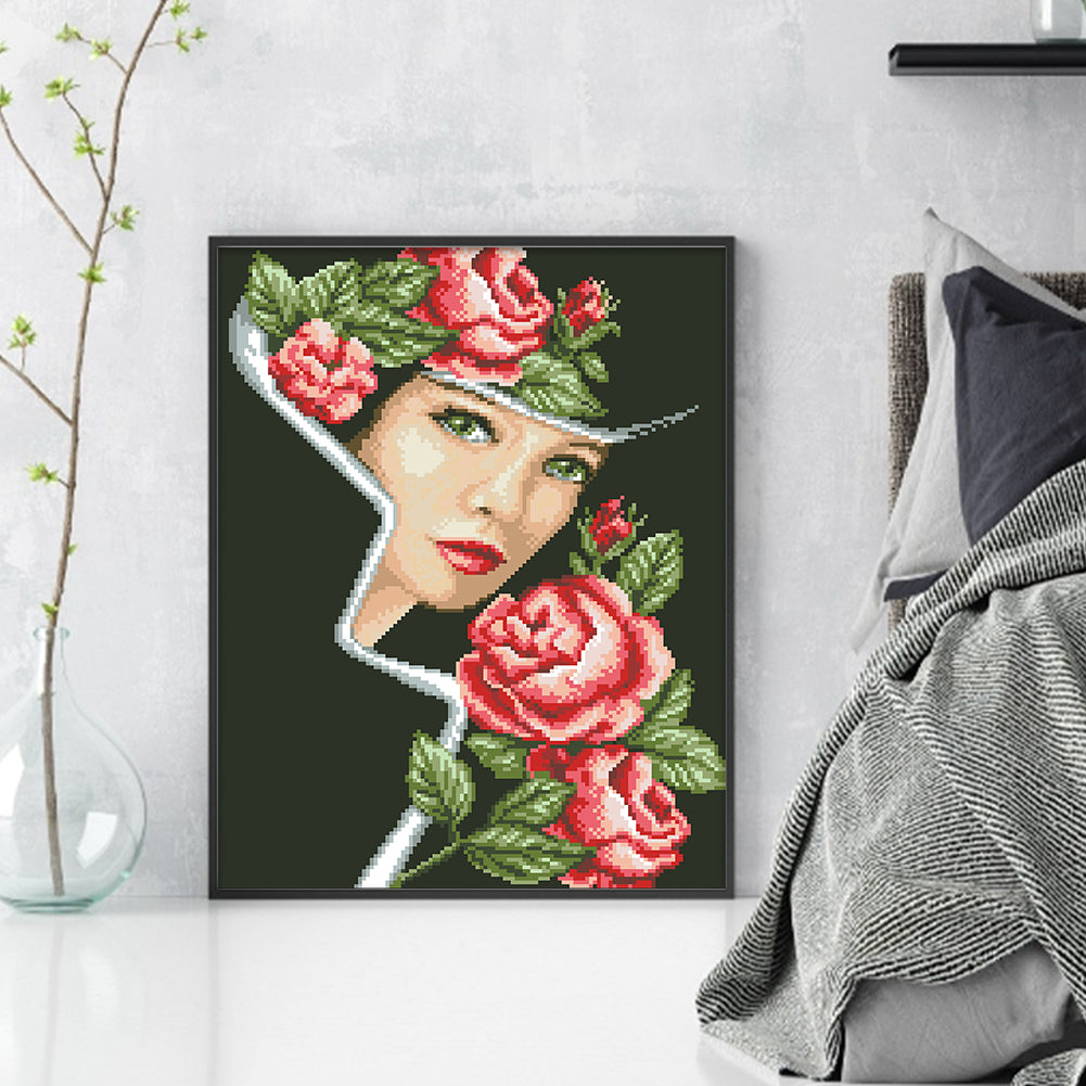 Rose Lady - Full  9CT Stamped Cross Stitch - Bead Embroidery 38x49CM/14.96x19.29in
