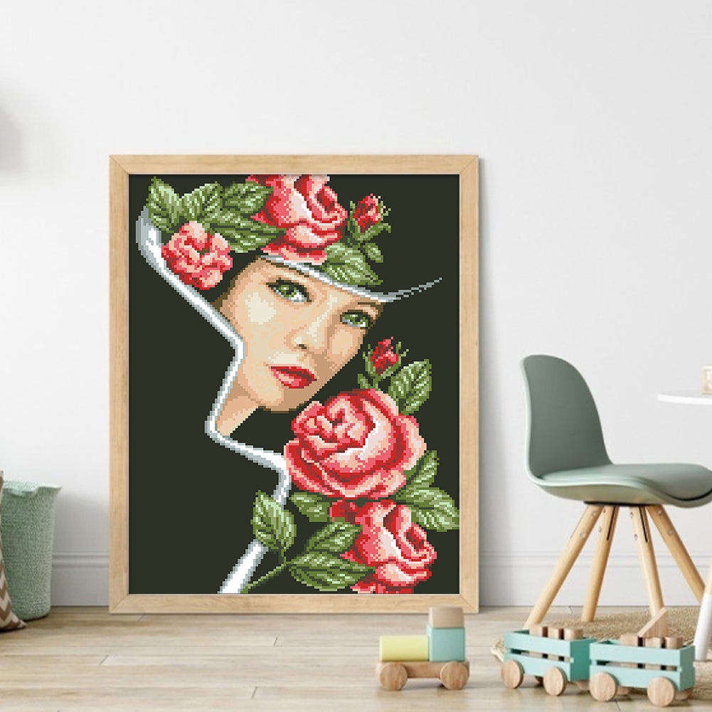 Rose Lady - Full  9CT Stamped Cross Stitch - Bead Embroidery 38x49CM/14.96x19.29in