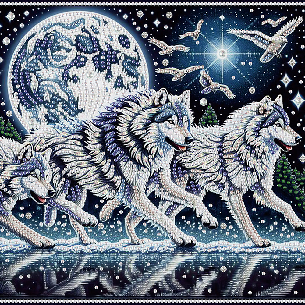 Moonlight Wolf Pack 30*30CM(Canvas) Partial Special Shaped Drill Diamond Painting