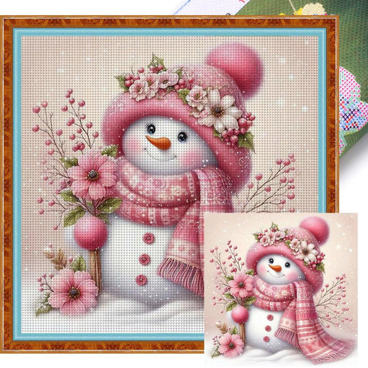 Pink Cute Snowman - Full 11CT Stamped Cross Stitch 45x45CM - Yishu