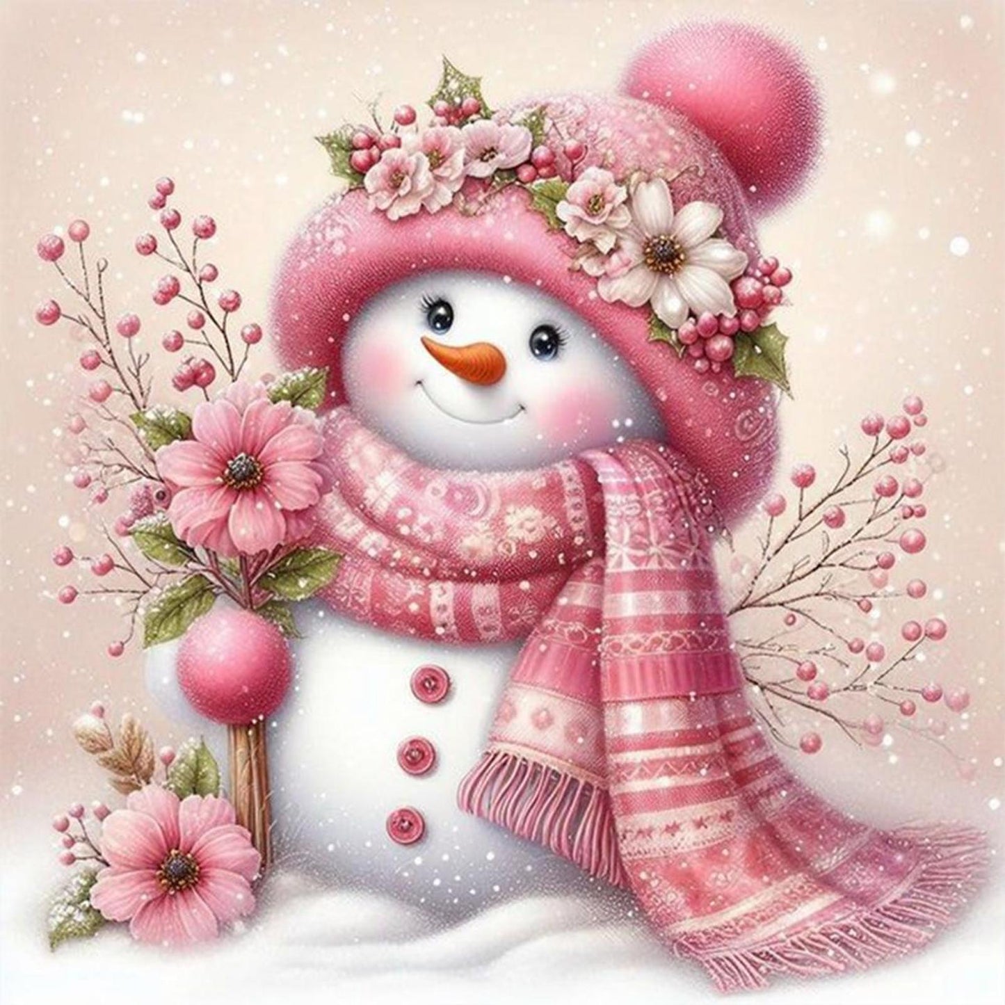 Pink Cute Snowman - Full 11CT Stamped Cross Stitch 45x45CM - Yishu
