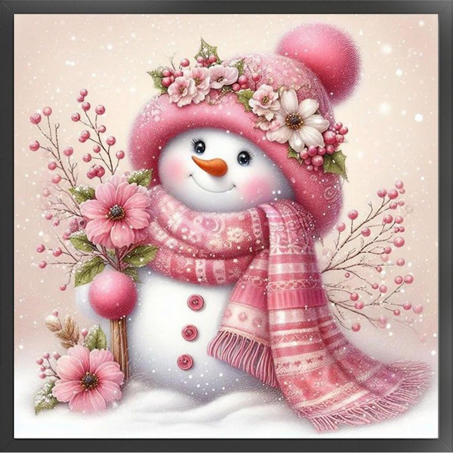 Pink Cute Snowman - Full 11CT Stamped Cross Stitch 45x45CM - Yishu