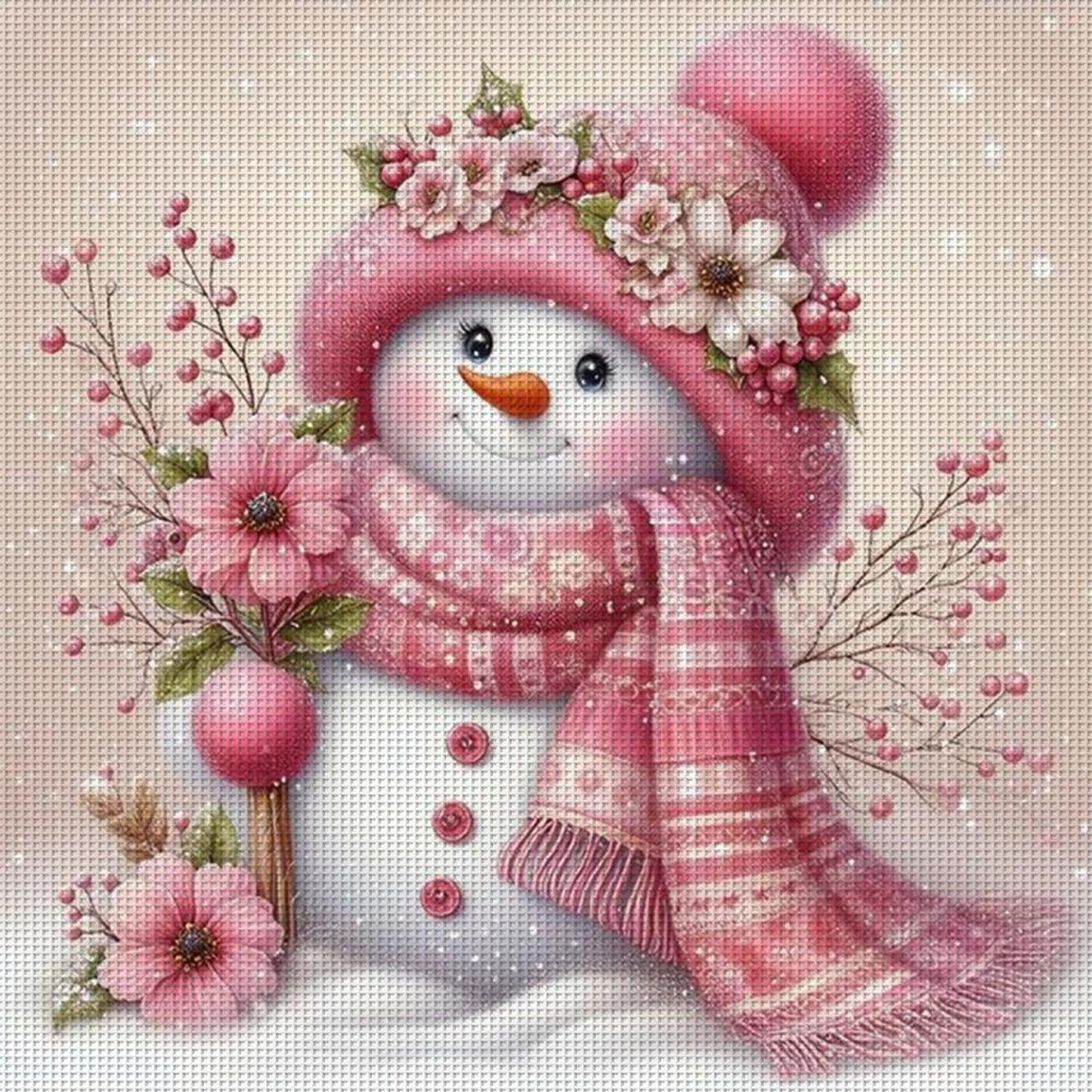 Pink Cute Snowman - Full 11CT Stamped Cross Stitch 45x45CM - Yishu