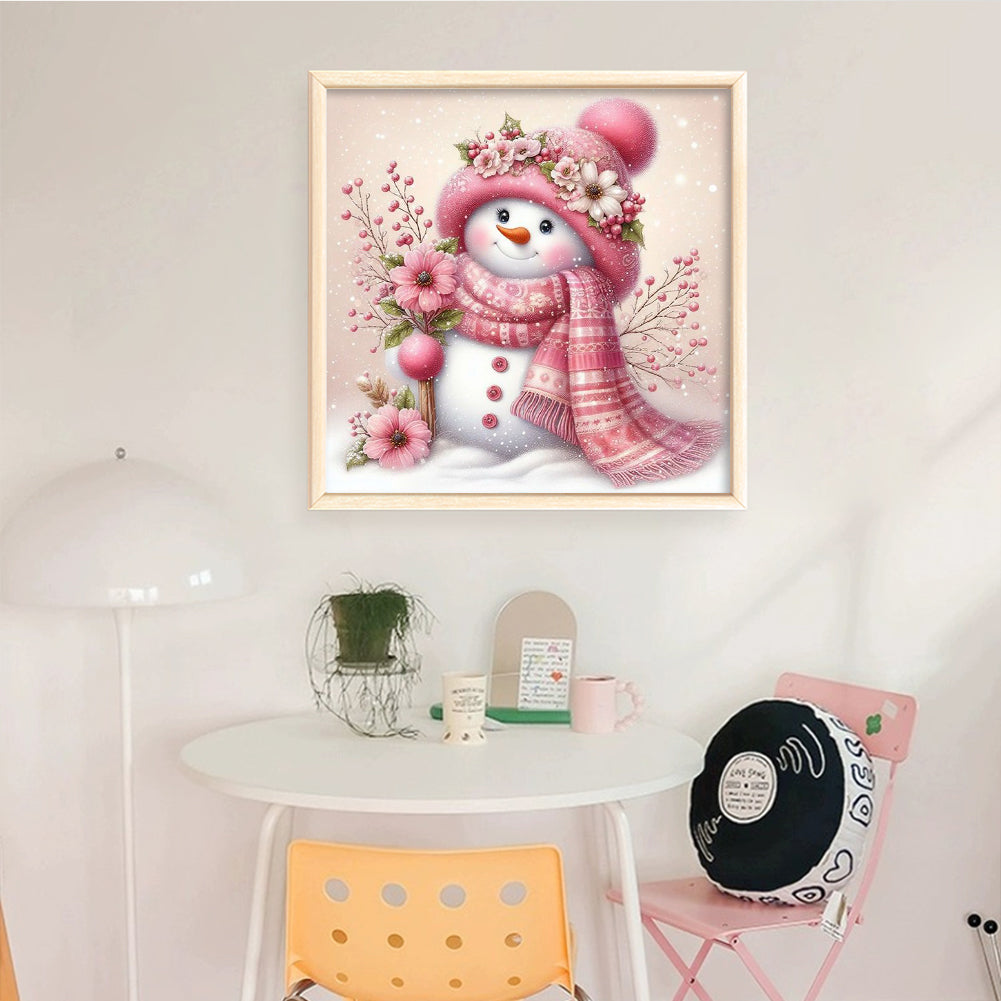 Pink Cute Snowman - Full 11CT Stamped Cross Stitch 45x45CM - Yishu