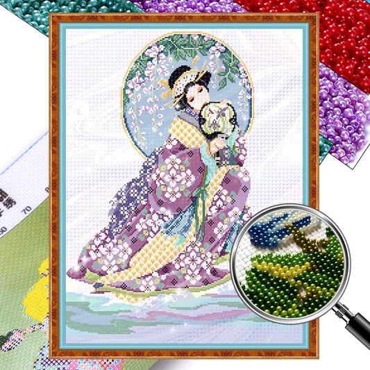 Japanese Maiden - Partial  9CT Stamped Cross Stitch - Bead Embroidery 54x66CM/21.26x25.98in