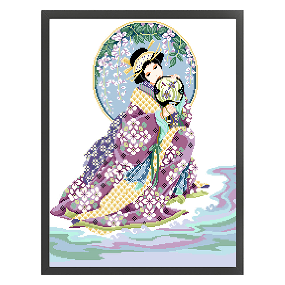 Japanese Maiden - Partial  9CT Stamped Cross Stitch - Bead Embroidery 54x66CM/21.26x25.98in