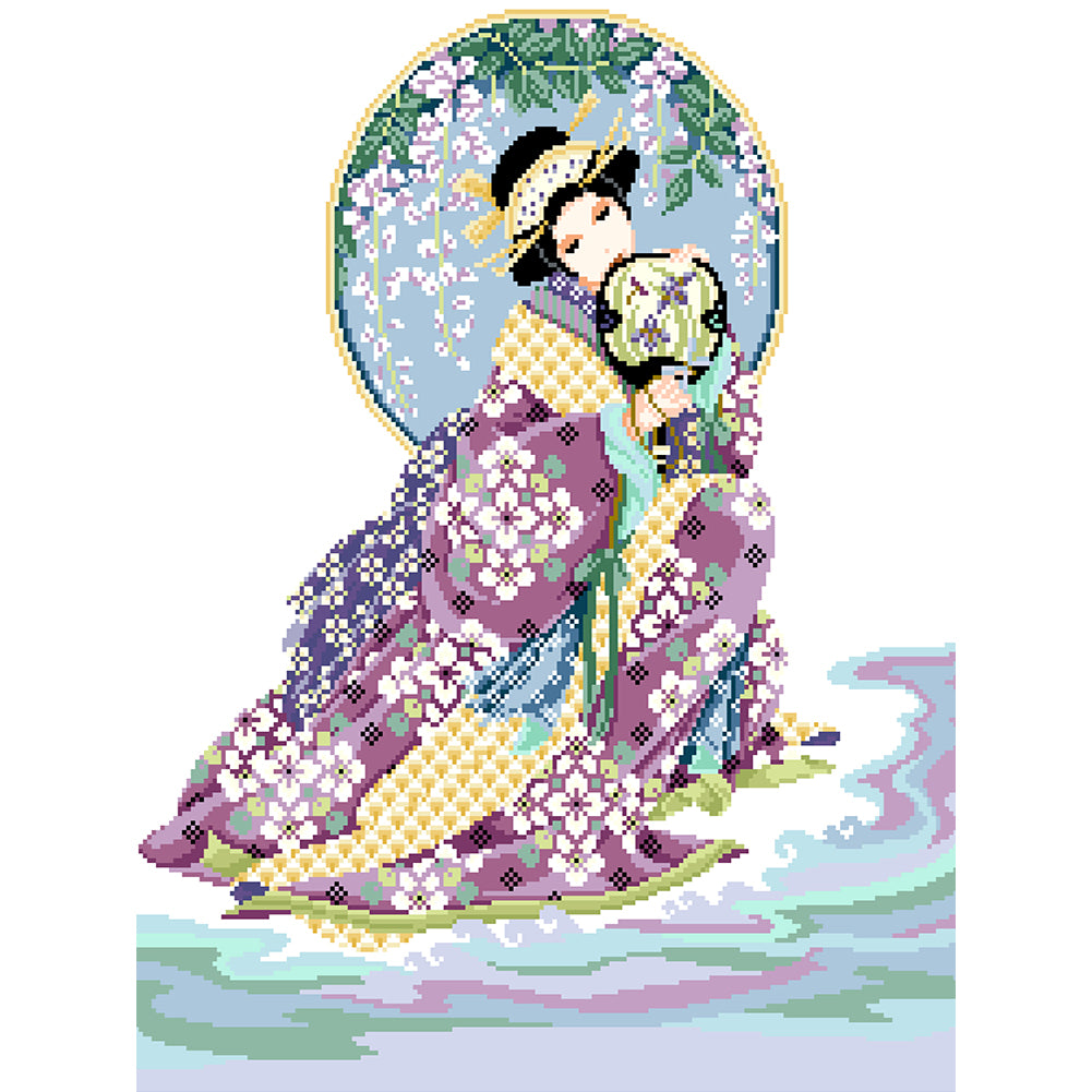 Japanese Maiden - Partial  9CT Stamped Cross Stitch - Bead Embroidery 54x66CM/21.26x25.98in