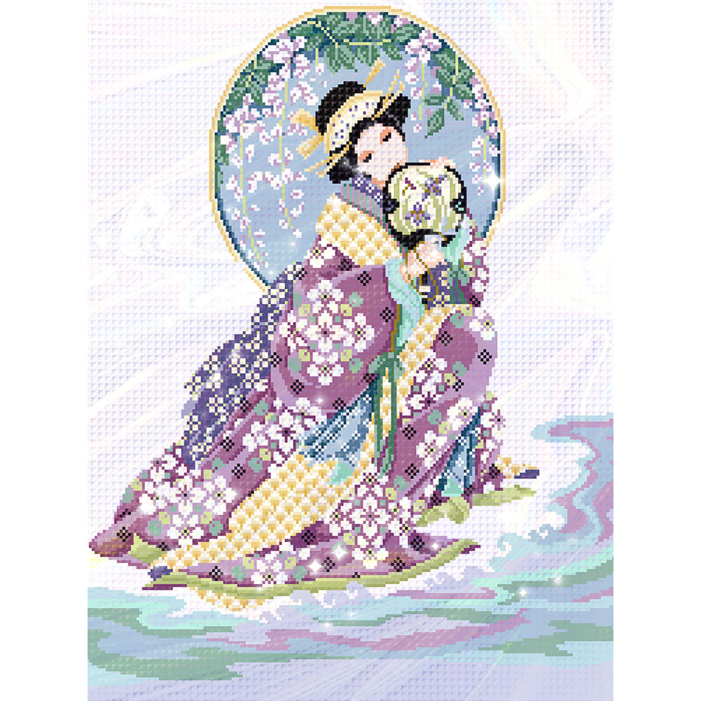 Japanese Maiden - Partial  9CT Stamped Cross Stitch - Bead Embroidery 54x66CM/21.26x25.98in