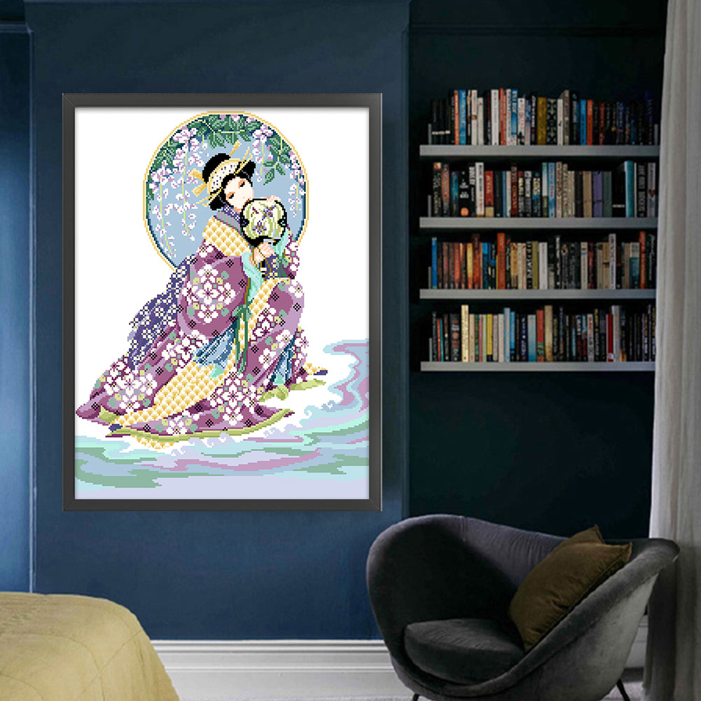 Japanese Maiden - Partial  9CT Stamped Cross Stitch - Bead Embroidery 54x66CM/21.26x25.98in