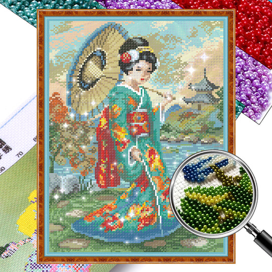 Japanese Woman - Full  9CT Stamped Cross Stitch - Bead Embroidery 32x44CM/12.60x17.32in