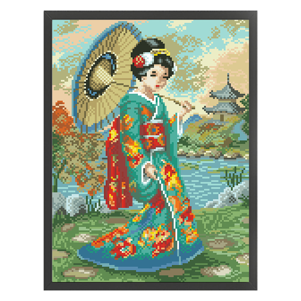 Japanese Woman - Full  9CT Stamped Cross Stitch - Bead Embroidery 32x44CM/12.60x17.32in