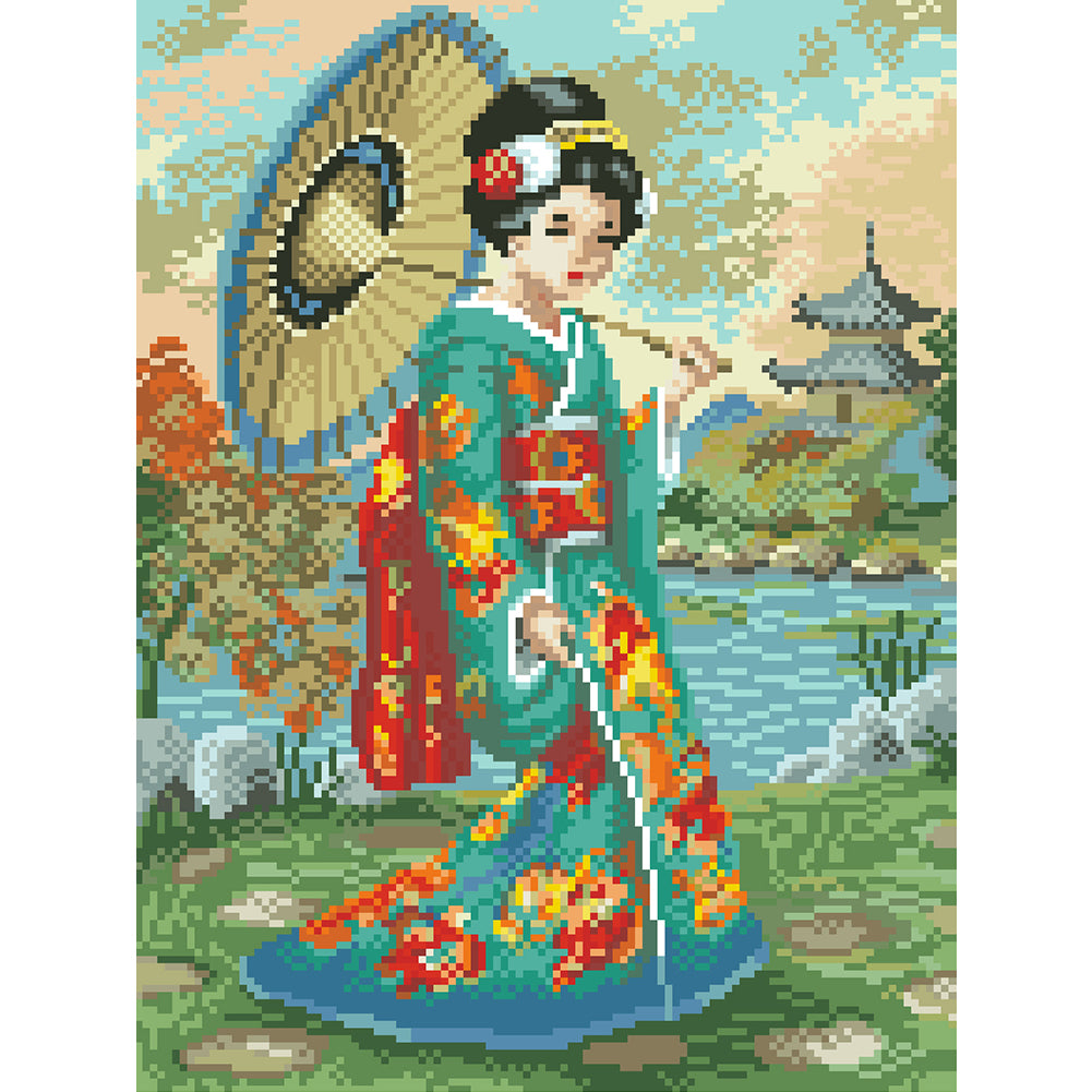 Japanese Woman - Full  9CT Stamped Cross Stitch - Bead Embroidery 32x44CM/12.60x17.32in