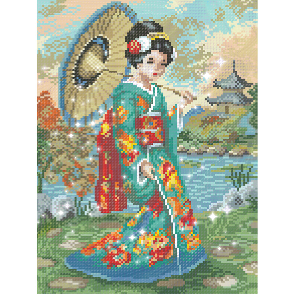Japanese Woman - Full  9CT Stamped Cross Stitch - Bead Embroidery 32x44CM/12.60x17.32in