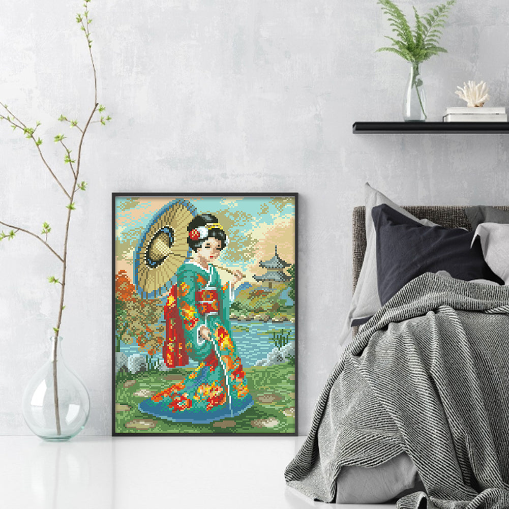 Japanese Woman - Full  9CT Stamped Cross Stitch - Bead Embroidery 32x44CM/12.60x17.32in