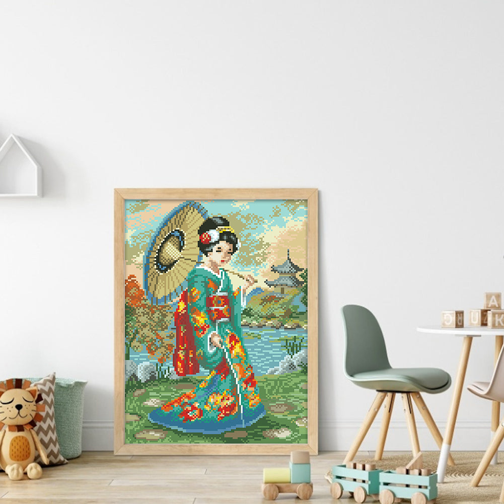 Japanese Woman - Full  9CT Stamped Cross Stitch - Bead Embroidery 32x44CM/12.60x17.32in