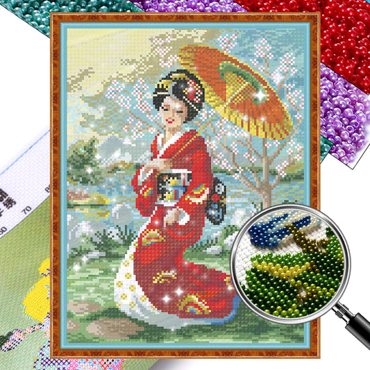 Japanese Woman - Full  9CT Stamped Cross Stitch - Bead Embroidery 32x44CM/12.60x17.32in