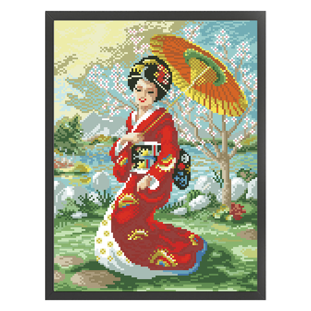 Japanese Woman - Full  9CT Stamped Cross Stitch - Bead Embroidery 32x44CM/12.60x17.32in