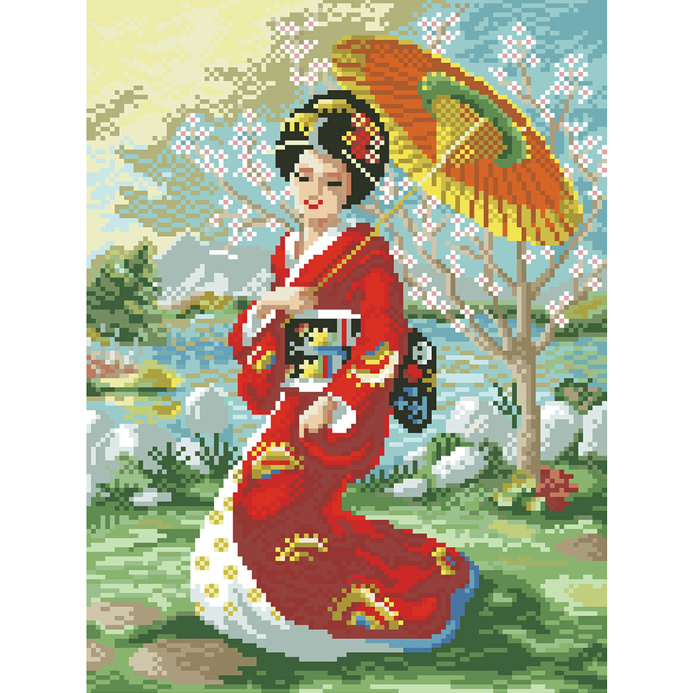 Japanese Woman - Full  9CT Stamped Cross Stitch - Bead Embroidery 32x44CM/12.60x17.32in
