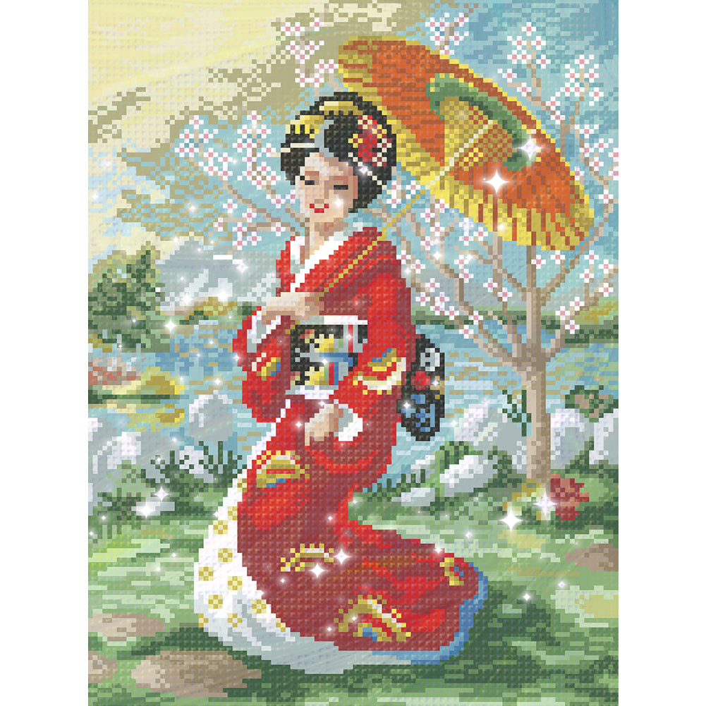 Japanese Woman - Full  9CT Stamped Cross Stitch - Bead Embroidery 32x44CM/12.60x17.32in