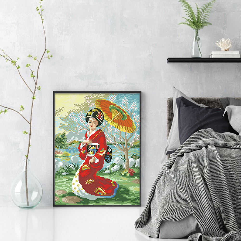 Japanese Woman - Full  9CT Stamped Cross Stitch - Bead Embroidery 32x44CM/12.60x17.32in