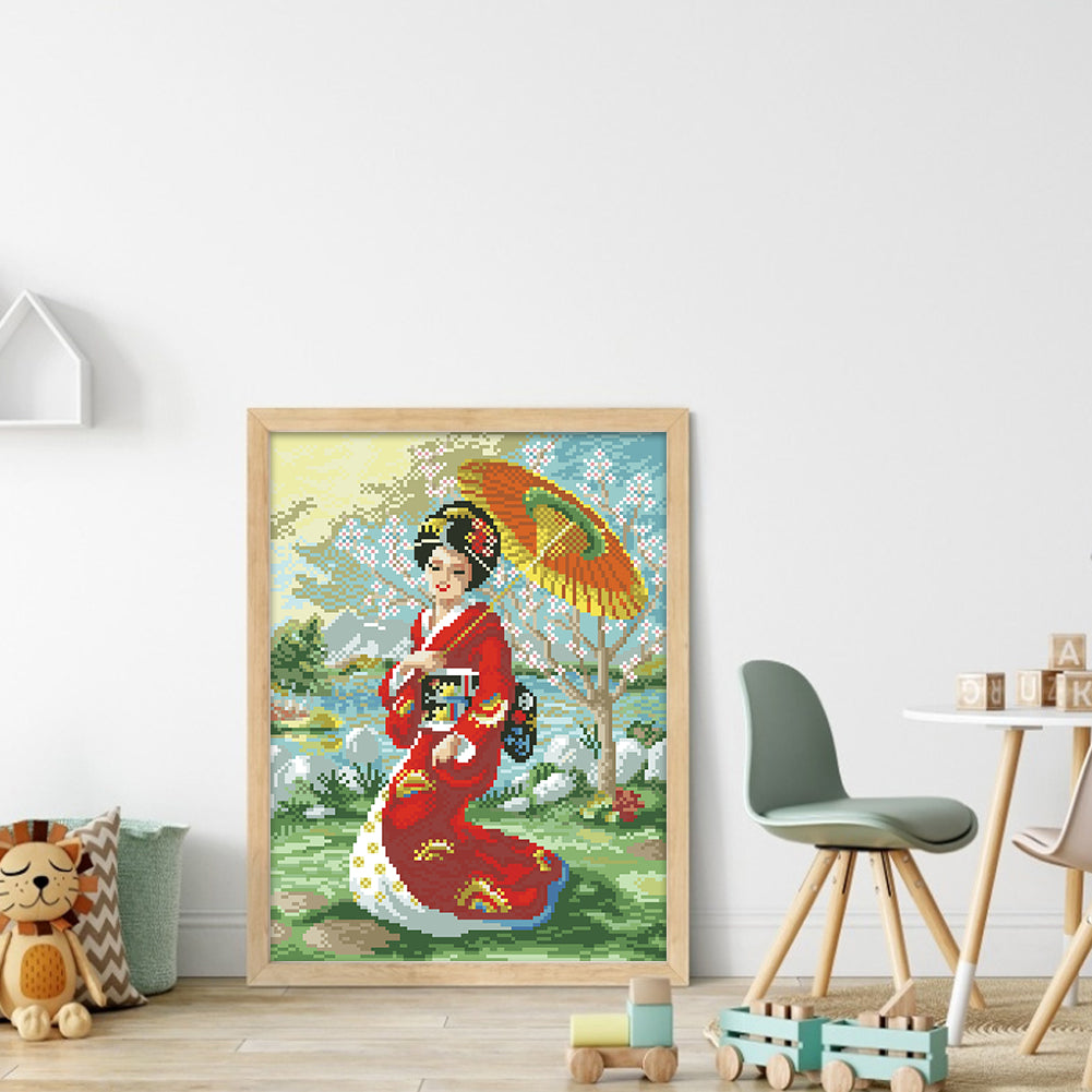 Japanese Woman - Full  9CT Stamped Cross Stitch - Bead Embroidery 32x44CM/12.60x17.32in