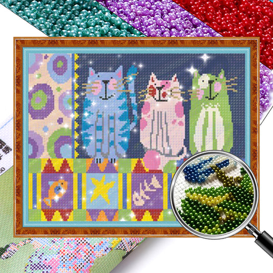 Cheerful Cat - Full  9CT Stamped Cross Stitch - Bead Embroidery 42x29CM/16.54x11.42in