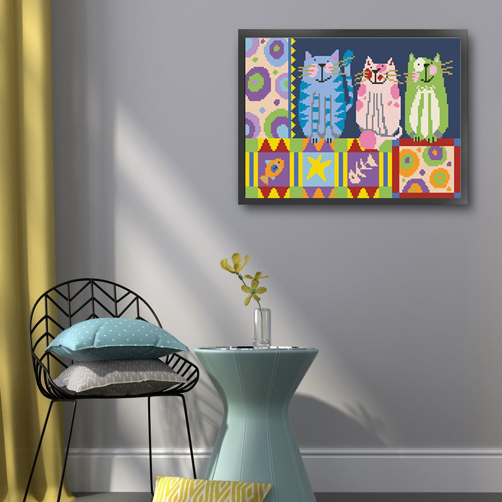 Cheerful Cat - Full  9CT Stamped Cross Stitch - Bead Embroidery 42x29CM/16.54x11.42in