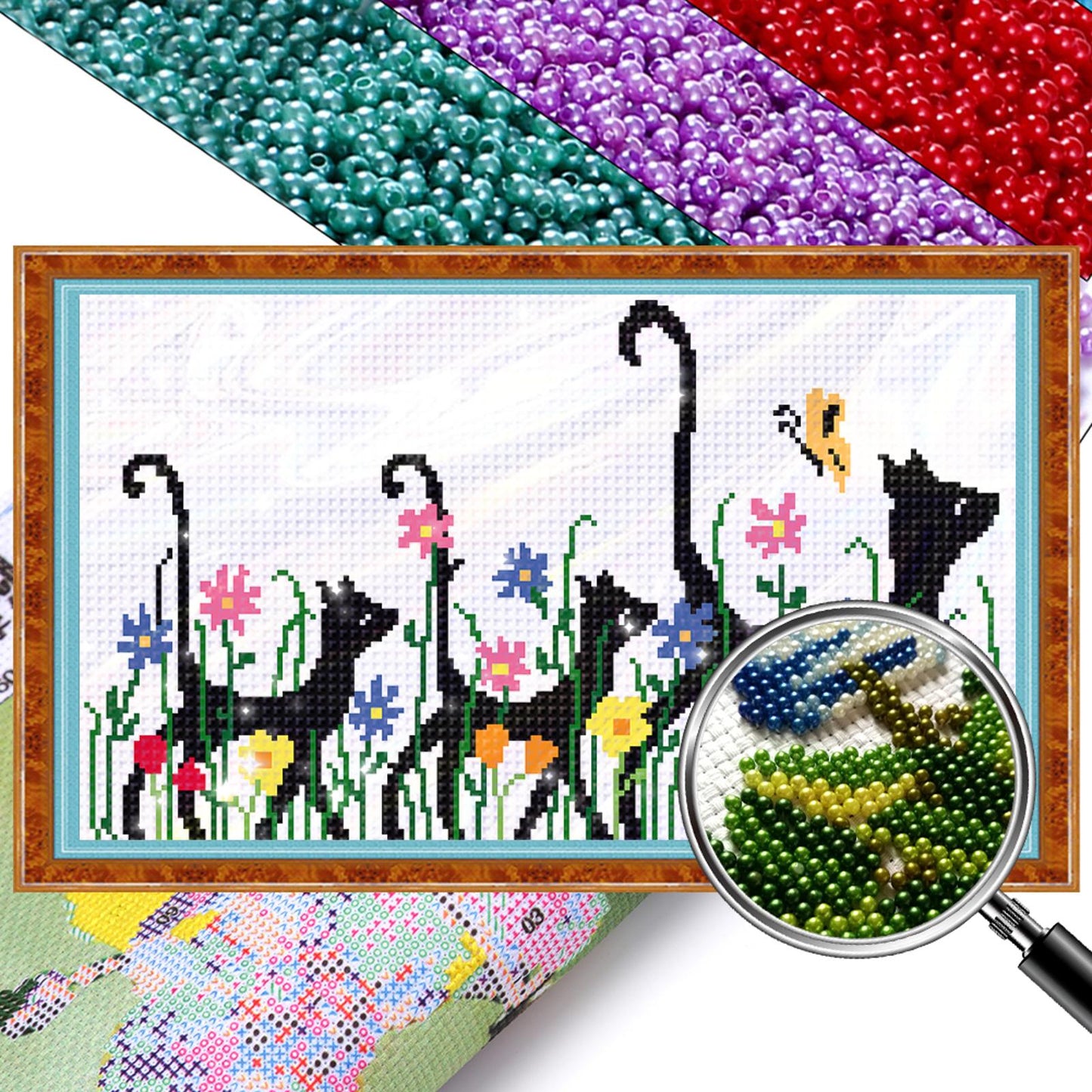 Three Cats - Partial  9CT Stamped Cross Stitch - Bead Embroidery 48x28CM/18.90x11.02in