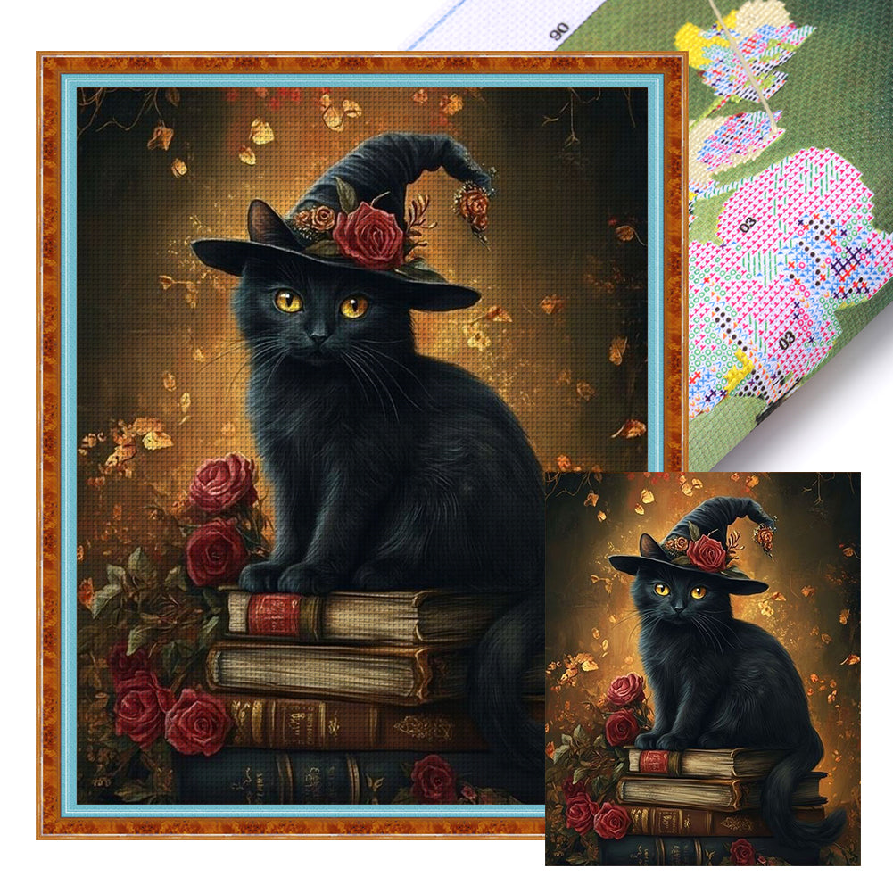 Cat On Book - Full 14CT Stamped Cross Stitch 40x50CM - Huacan