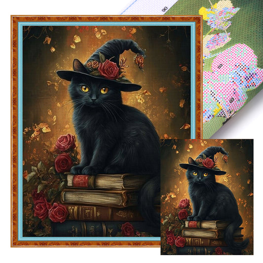 Cat On Book - Full 14CT Stamped Cross Stitch 40x50CM - Huacan